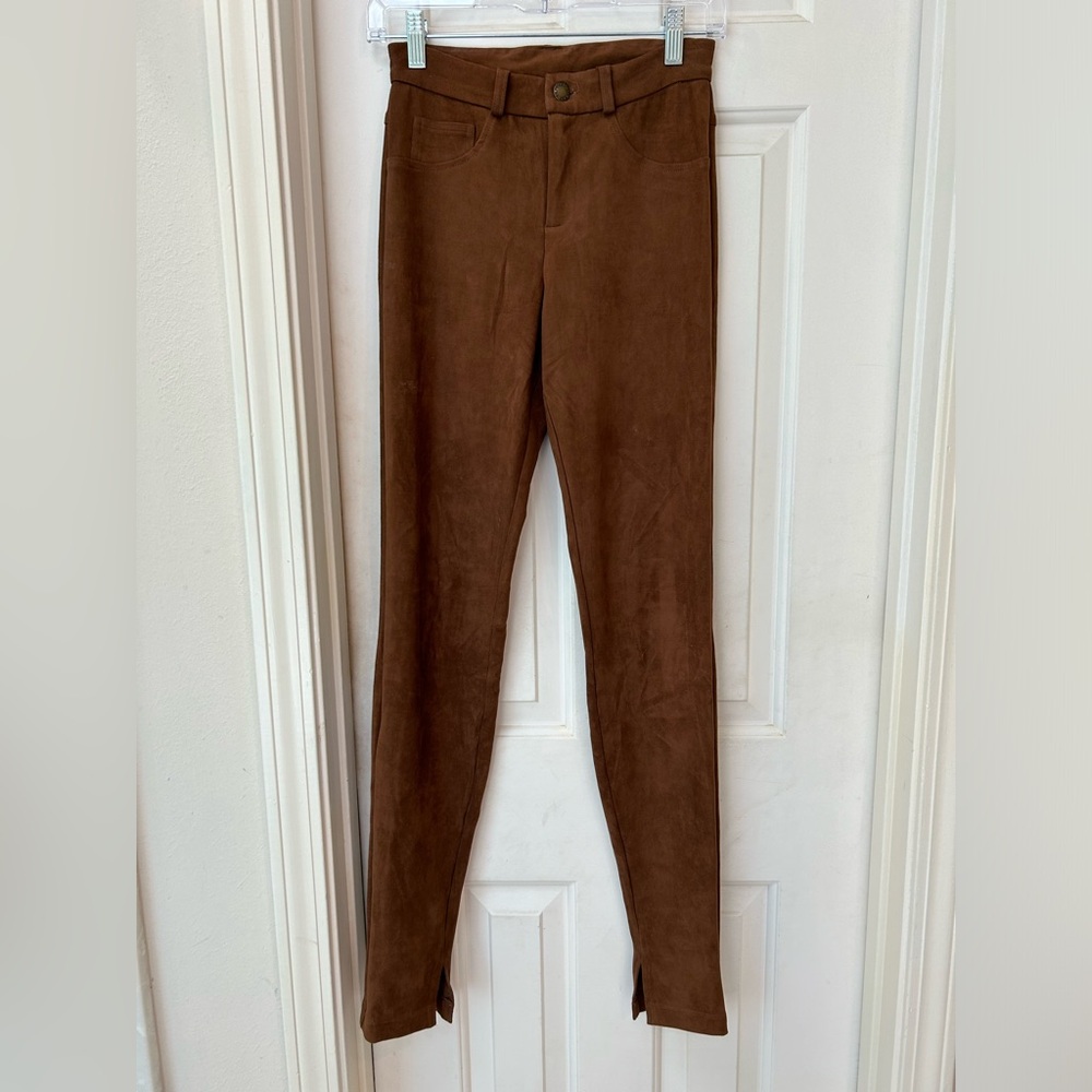 Hale Bob Faux Suede Leather Pants, Rich Cognac Color, Zip Front Belt Loops, Sz S